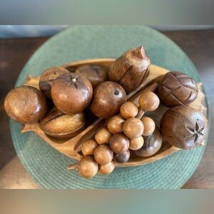 Vintage Divided Wooden Fruit Bowl & Fruit Made in Philippines 13 x 7.5 x 1.5 in.